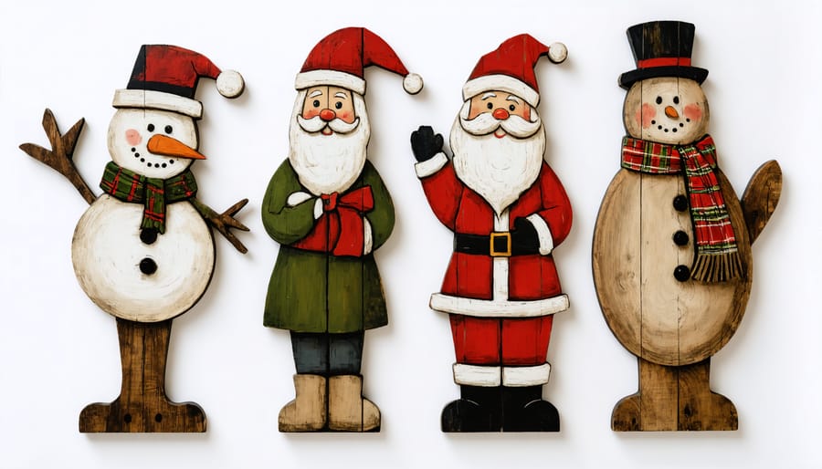 Illuminated DIY wooden snowman and reindeer decorations on snowy lawn at dusk