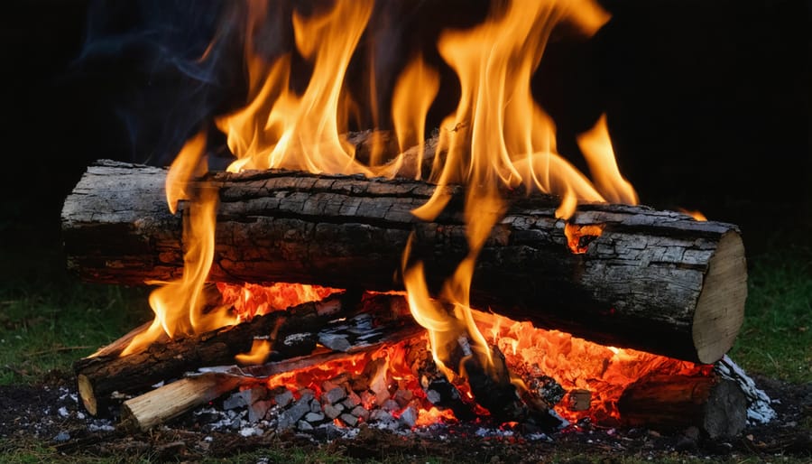 Traditional Yule log burning brightly in stone fireplace with warm flames
