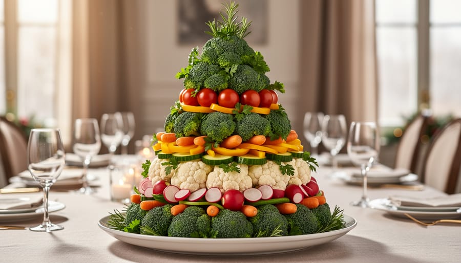 Hands assembling vegetable Christmas tree by attaching broccoli florets with toothpicks