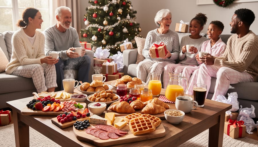 Christmas breakfast charcuterie board with bagels, smoked salmon, pastries, and fresh fruit on marble serving board