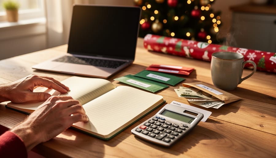 Adult hands writing in a notebook next to a calculator, cash envelopes, and a mug on a wooden table, with a blurred Christmas tree and twinkle lights in the background, warm cozy lighting.