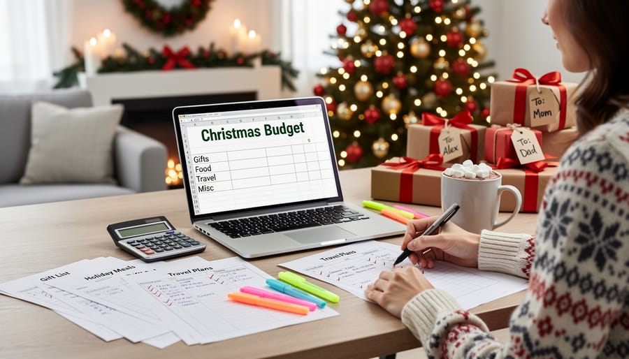 Overhead view of person planning Christmas budget with notebook and calculator
