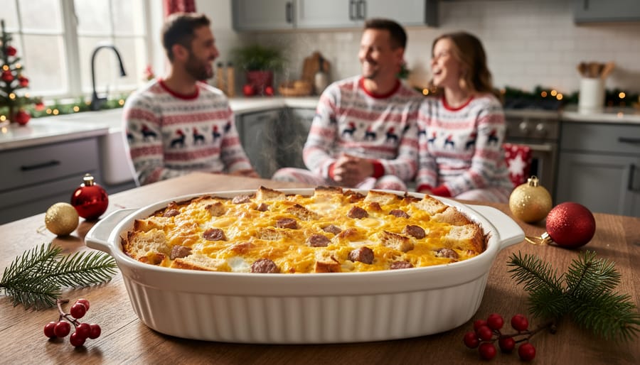 Overhead view of golden French toast casserole in white baking dish on rustic Christmas morning breakfast table