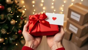 Why Your Christmas Donation Might Actually Be a Gift (And Why It Matters) Hands hold a red wrapped Christmas gift next to a small heart-marked card; a softly lit Christmas tree is on the left and blurred, unlabeled donation boxes are on the right.