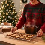 Calm host placing golden gingerbread cookies on a cooling rack in a warmly lit Christmas kitchen, with a pot of mulled wine and candle glow; blurred background includes a decorated tree, neatly set dining table, and a buffet station arranged for easy flow.