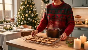 Your Christmas Party Just Got Easier: The Complete Planning System Every Host Needs Calm host placing golden gingerbread cookies on a cooling rack in a warmly lit Christmas kitchen, with a pot of mulled wine and candle glow; blurred background includes a decorated tree, neatly set dining table, and a buffet station arranged for easy flow.