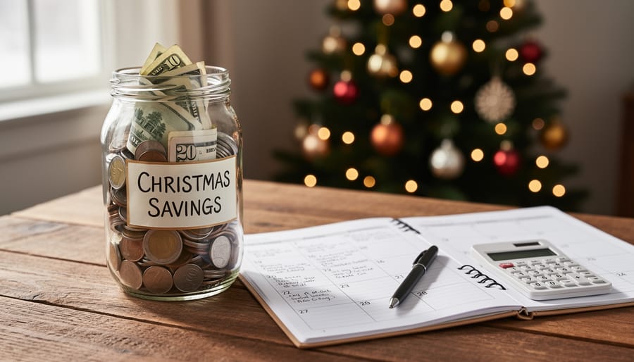 Savings jar filled with money and decorated with holiday ribbon