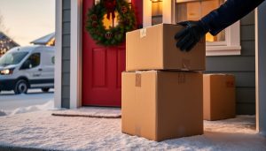 Never Miss a Christmas Delivery: Your Complete Shipping Deadline Calendar Brown shipping boxes being placed on a snowy front porch by a courier, with a red door, glowing wreath, and blurred delivery van and neighborhood lights in the background.