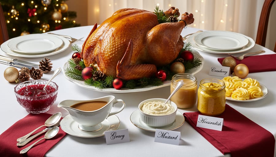 Overhead view of Christmas dinner table with sauces, condiments and festive place settings arranged elegantly