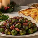 Close-up holiday platter of balsamic-glazed Brussels sprouts with cranberries and toasted pecans, with a potato-parsnip gratin and green beans almondine on heirloom china under warm candlelight, with garland and candles softly blurred in the background.