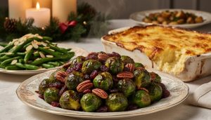 These Vegetable Sides Will Steal the Show at Your Christmas Table Close-up holiday platter of balsamic-glazed Brussels sprouts with cranberries and toasted pecans, with a potato-parsnip gratin and green beans almondine on heirloom china under warm candlelight, with garland and candles softly blurred in the background.