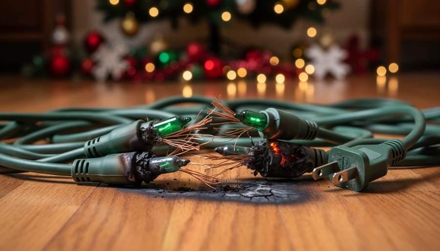 Close-up of frayed Christmas light electrical cord with exposed wiring showing safety hazard