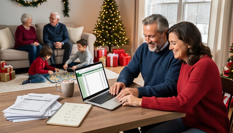 Family enjoying Christmas dinner together with decorated tree in background