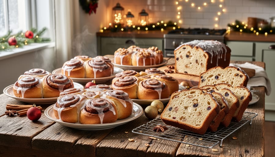 Freshly baked cinnamon rolls with cream cheese frosting and festive sprinkles on ceramic platter