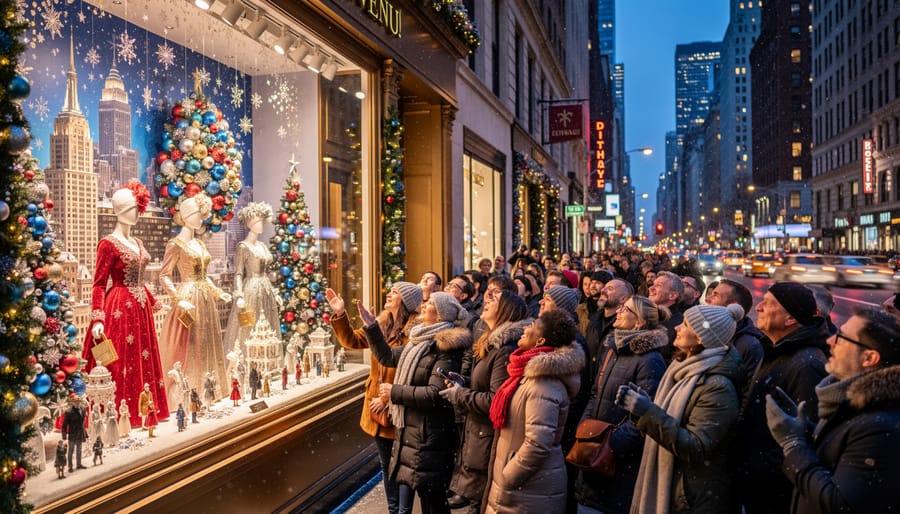 Elaborate Christmas window display at Saks Fifth Avenue with animated scenes and lights