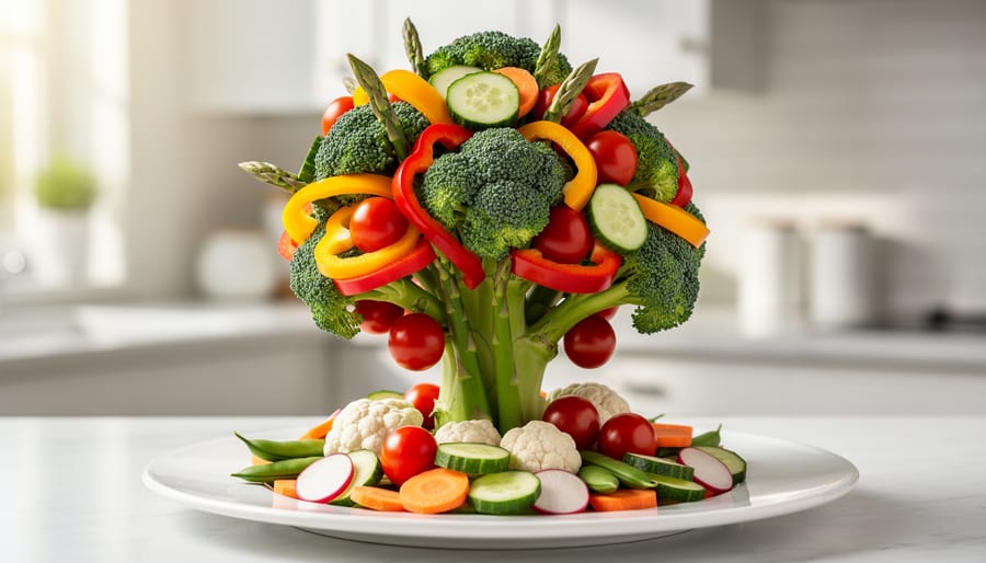Assortment of fresh colorful vegetables including broccoli, tomatoes, and Brussels sprouts prepared for assembly