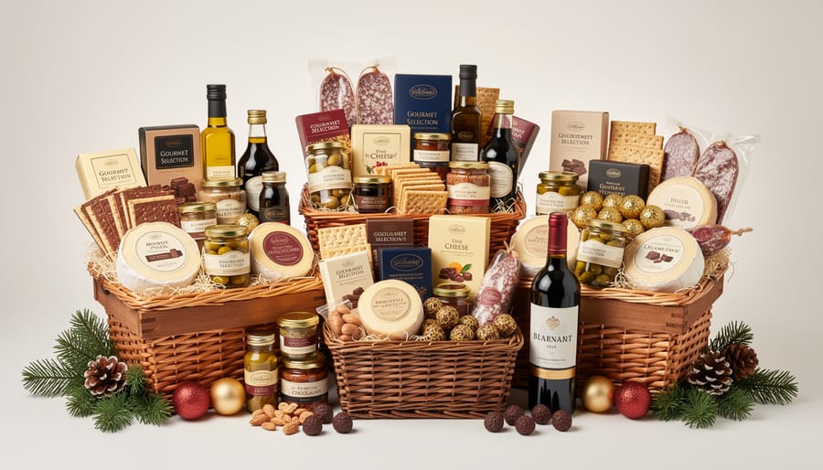 Luxury gourmet Christmas gift basket with artisan foods, wine, and festive ribbon