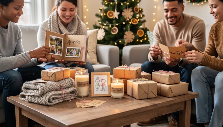 Handmade Christmas gifts wrapped with natural materials and evergreen decorations