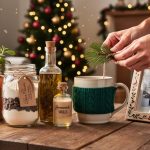 Overhead angled view of a wooden table with DIY gifts—mason jar cookie mix, bottle of homemade vanilla, infused olive oil, hand-painted terracotta pot, knitted coffee sleeve on a mug, and a decorated picture frame—while hands tie on a pine sprig, with soft bokeh lights and a blurred Christmas tree and fireplace in the background.