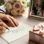 Newlywed hands writing a wedding thank you note on ivory stationery with a fountain pen, wedding rings nearby and wrapped gifts, a crystal flute, and a bouquet softly blurred in the background