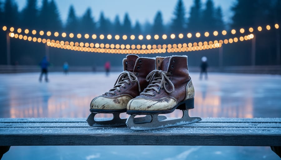 Close-up of antique bone ice skates with leather straps on a frosty bench beside a frozen pond at twilight, with blurred skaters, string lights, and evergreen trees in the background.