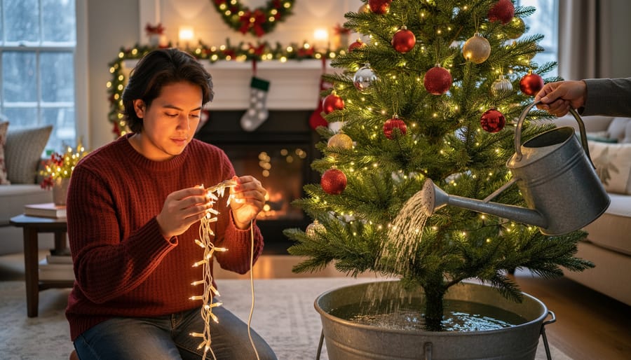 Person inspecting Christmas tree light connections on well-watered fresh tree in living room