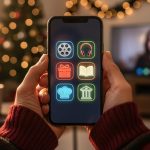 Close-up of hands holding a smartphone with glowing icons for streaming, audiobooks, cooking classes, and virtual museum tours, set against a blurred holiday living room with string lights and a mug of cocoa.