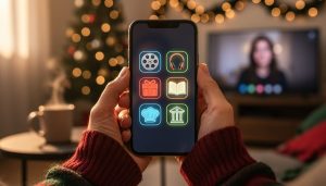 E-Gifts That Arrive in Seconds and Make Hearts Sing Close-up of hands holding a smartphone with glowing icons for streaming, audiobooks, cooking classes, and virtual museum tours, set against a blurred holiday living room with string lights and a mug of cocoa.