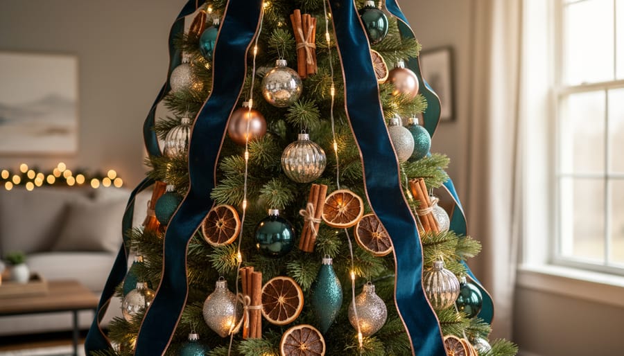 Jewel-toned Christmas tree with velvet ribbon waterfall, mercury glass ornaments, dried orange slices, cinnamon sticks, and copper accents, illuminated by lights set deep into the branches, with a softly blurred fireplace and window in the background.