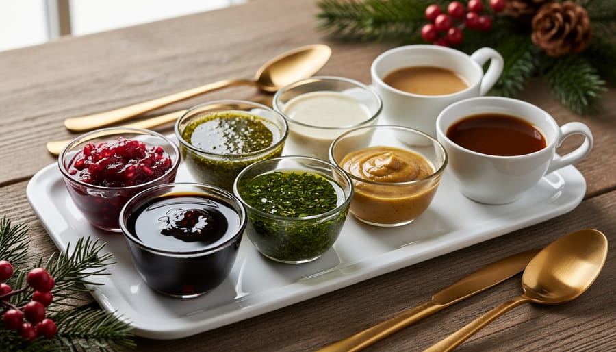 Artfully arranged Christmas condiments including cranberry sauce, herb oil, and pomegranate molasses on wooden serving board