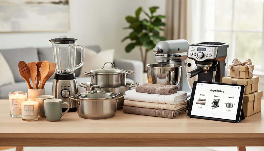 Variety of wedding registry items at different price points arranged on white tablecloth