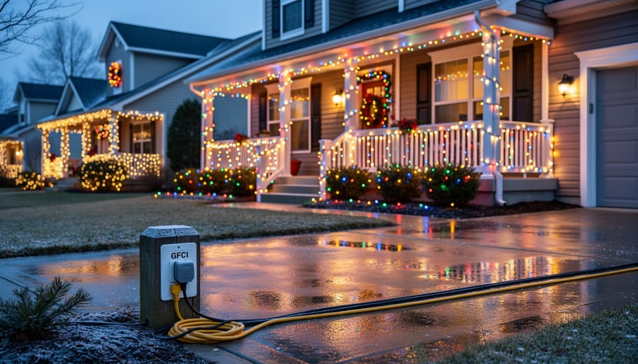 Safely installed outdoor Christmas lights on house eaves with proper clips and GFCI outlet