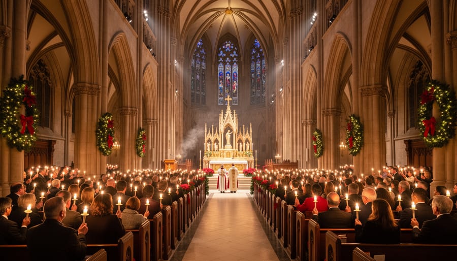 Interior of St. Patrick's Cathedral illuminated by candlelight during Christmas Eve service
