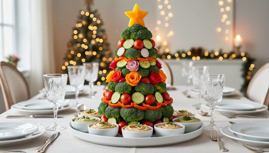 Overhead view of edible vegetable Christmas tree centerpiece on holiday dining table