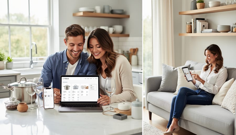 Wedding registry scanner and smartphone on marble counter with wrapped gift boxes