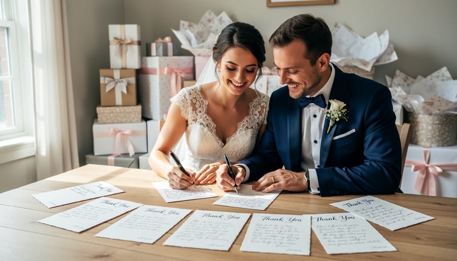 Person writing thank you note with fountain pen next to opened wedding gift