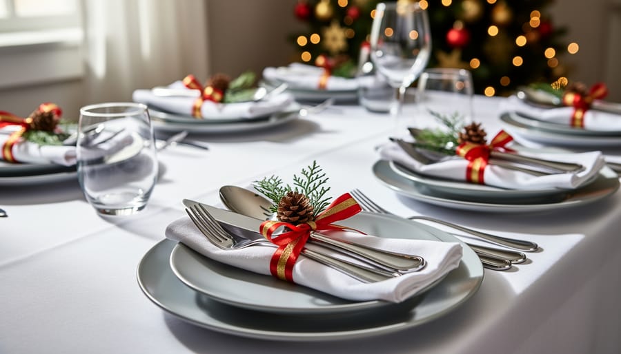 Festively wrapped cutlery sets with burgundy ribbon and pine sprigs displayed in silver basket