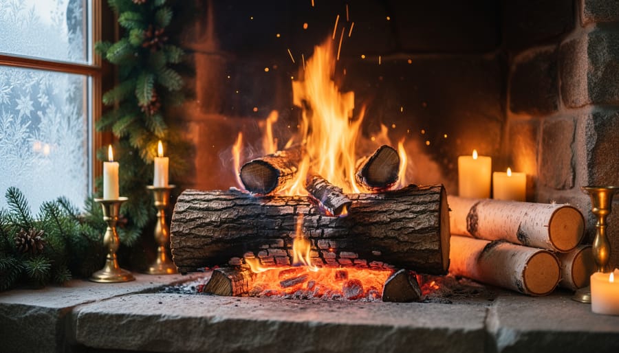 Close-up of a Yule log burning in a stone fireplace with evergreen garland, brass candleholders, and a frosted window softly blurred in the background, glowing with warm firelight.