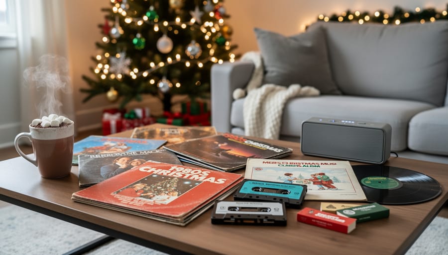 Vintage 1980s Christmas album records and cassettes displayed with holiday decorations