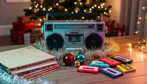 These 80's Christmas Albums Still Outsell Today's Releases Vintage 1980s silver boombox with stacks of vinyl records and colorful cassette tapes on a wooden table, decorated with tinsel and ornaments, with warm holiday lights and a blurred Christmas tree in the background.