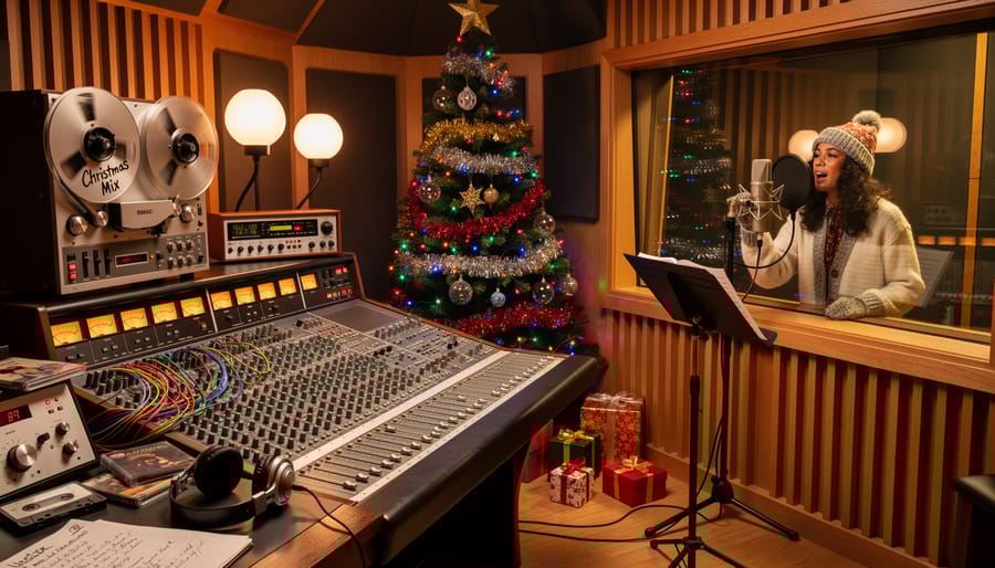 1980s stereo system with equalizer lights playing Christmas music surrounded by wrapped gifts