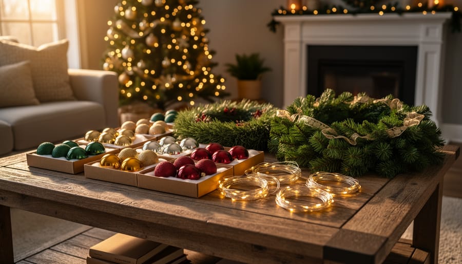 Neatly organized Christmas decorations on a wooden coffee table—ornaments sorted by color in trays, coiled lights, and a wreath with garland—set before a softly glowing tree and garlanded mantel in the blurred background.