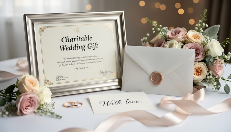 Flat lay arrangement of wedding charity gift presentation with card, flowers, and keepsake items