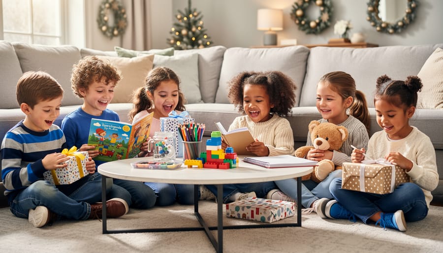 Group of children excited around Christmas presents under decorated tree