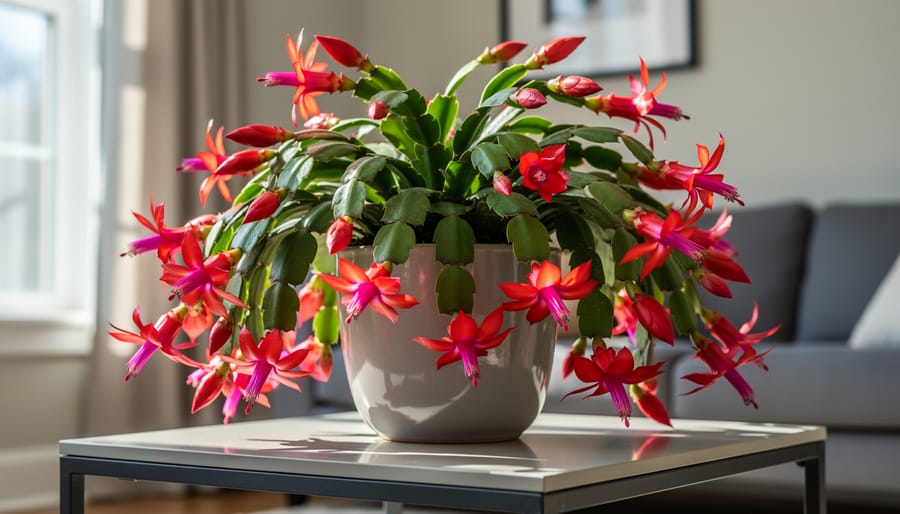 Vibrant pink Christmas cactus in full bloom with multiple flowers and green segmented leaves