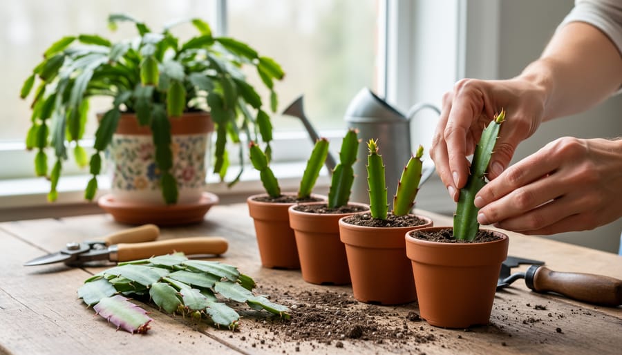 Christmas cactus stem cutting with small roots being held between fingers for propagation