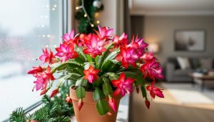 Your Christmas Cactus Will Thrive With These Simple Secrets Close-up of a thriving Christmas cactus with pink and red blooms on a windowsill, lit by soft winter daylight, with blurred string lights and evergreen garland in the background.