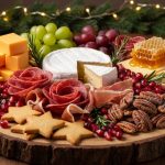 Festive charcuterie board with cheddar, brie, manchego and honeycomb, salami roses, prosciutto ribbons, cranberries, pomegranate seeds, grapes, rosemary sprigs, candied pecans, and star shortbread on a wooden board, with blurred pine garland and twinkle lights behind.