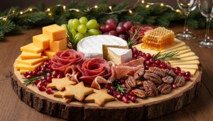 The Christmas Charcuterie Board That Steals the Show at Every Holiday Party Festive charcuterie board with cheddar, brie, manchego and honeycomb, salami roses, prosciutto ribbons, cranberries, pomegranate seeds, grapes, rosemary sprigs, candied pecans, and star shortbread on a wooden board, with blurred pine garland and twinkle lights behind.