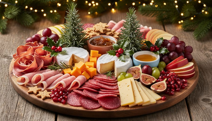 Overhead view of festive Christmas charcuterie board with red and green ingredients arranged on wooden board